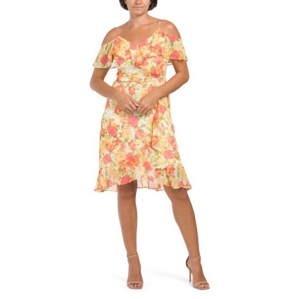 London Times Yellow Floral Cold Shoulder Chiffon Wrap Style Dress Sz 10 New